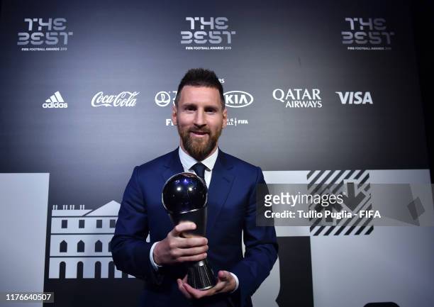 The Best FIFA Men’s Player Award Winner Lionel Messi of FC Barcelona and Argentina poses with the trophy during The Best FIFA Football Awards 2019 at...