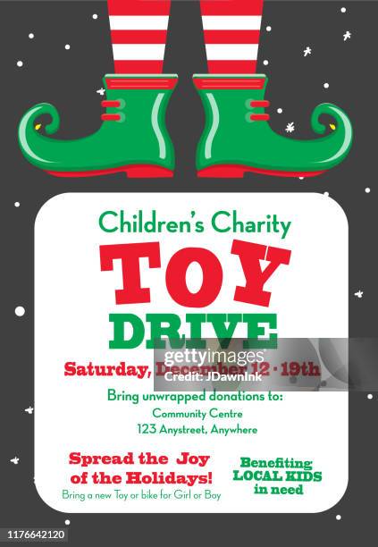holiday charity toy drive fundraiser poster design mit elf schuhe - wohltätigkeitsaktion stock-grafiken, -clipart, -cartoons und -symbole