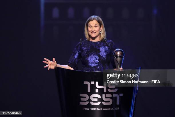 The Best FIFA Women's Coach Award Winner Jill Ellis of United States speaks during The Best FIFA Football Awards 2019 at Teatro alla Scala on...