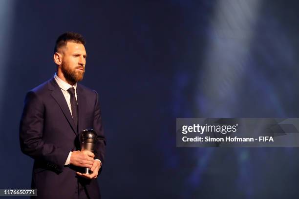 The FIFA FIFPro Men's World11 Award Winnner Lionel Messi of FC Barcelona and Argentina is seen during The Best FIFA Football Awards 2019 at Teatro...