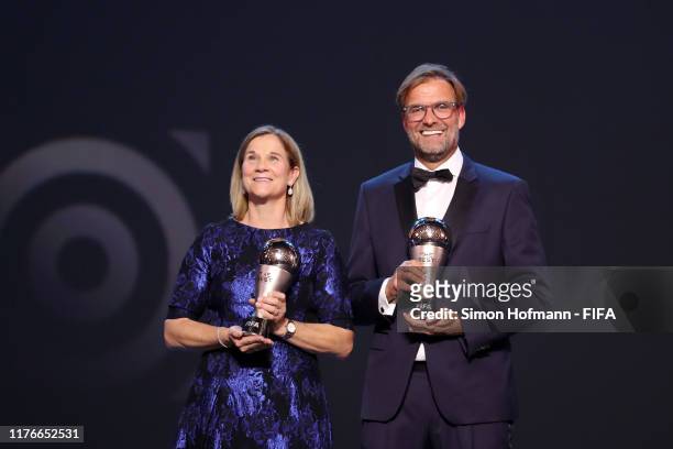 The Best FIFA Women's and Men's Coach Award Winners Jill Ellis of United States and Juergen Klopp, Head Coach of Liverpool pose during The Best FIFA...