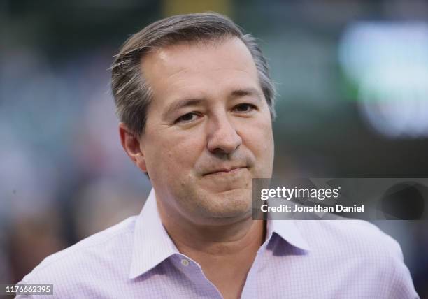 Owner Tom Ricketts of the Chicago Cubs is seen on the field before the Cubs take on the St. Louis Cardinals at Wrigley Field on September 19, 2019 in...