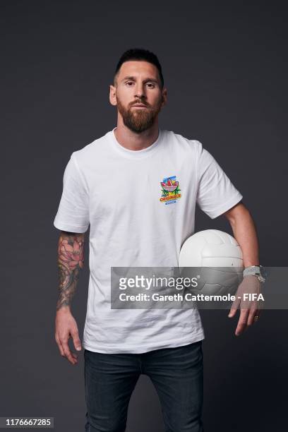 The Best FIFA Men’s Player Award finalist Lionel Messi of Barcelona and Argentina poses for a portrait ahead of The Best FIFA Football Awards 2019 at...