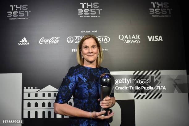 The Best FIFA Women's Coach Award Winner Jill Ellis of United States pose for a photo with her The Best FIFA Women’s Coach 2019 award during The Best...