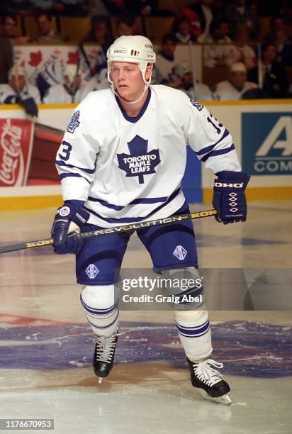 Mats Sundin of the Toronto Maple Leafs skates against the Detroit Red Wings during NHL preseason game action on October 1, 1995 at Maple Leaf Gardens...