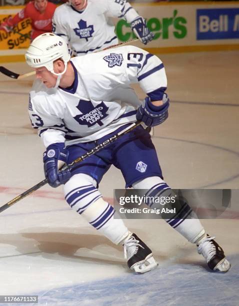 Mats Sundin of the Toronto Maple Leafs skates against the Detroit Red Wings during NHL preseason game action on October 1, 1995 at Maple Leaf Gardens...