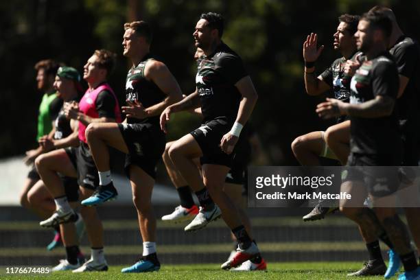 John Sutton of the Rabbitohs warms up during a South Sydney Rabbitohs NRL training session at Redfern Oval on September 24, 2019 in Sydney, Australia.