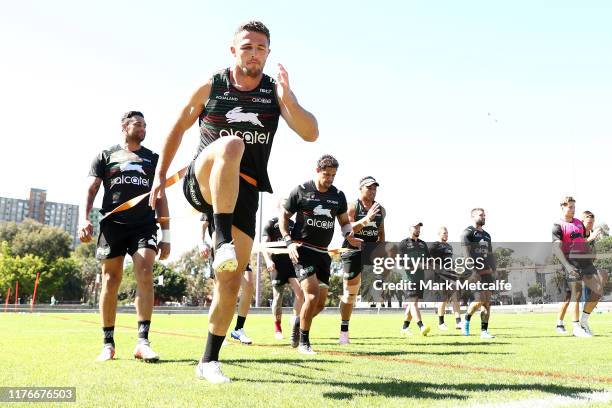 Sam Burgess of the Rabbitohs trains during a South Sydney Rabbitohs NRL training session at Redfern Oval on September 24, 2019 in Sydney, Australia.