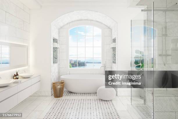 moderne badkamer interieur - brightly lit stockfoto's en -beelden