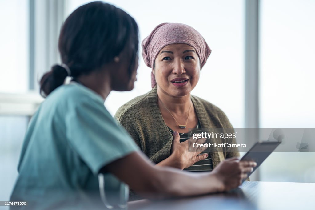 Asian woman with cancer meeting with female physician