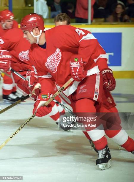 Jamie Pushor of the Detroit Red Wings skates against the Toronto Maple Leafs during NHL preseason game action on October 1, 1995 at Maple Leaf...