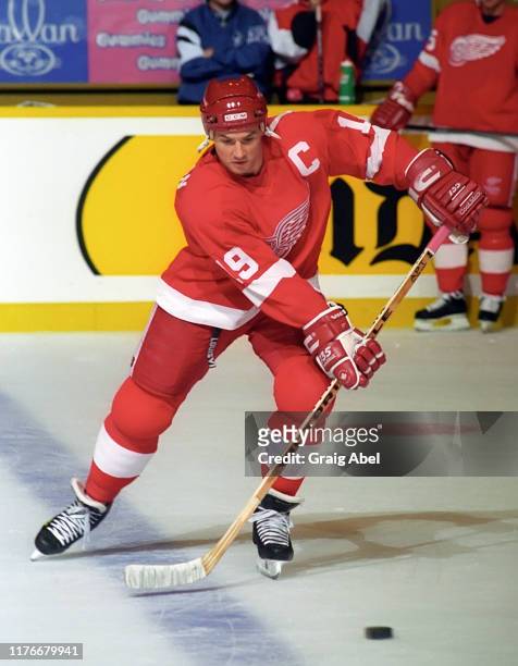 Steve Yzerman of the Detroit Red Wings skates against the Toronto Maple Leafs during NHL preseason game action on October 1, 1995 at Maple Leaf...