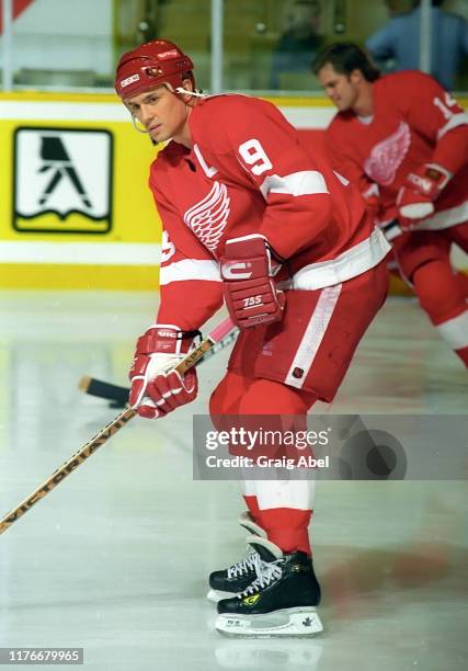 Steve Yzerman of the Detroit Red Wings skates against the Toronto Maple Leafs during NHL preseason game action on October 1, 1995 at Maple Leaf...