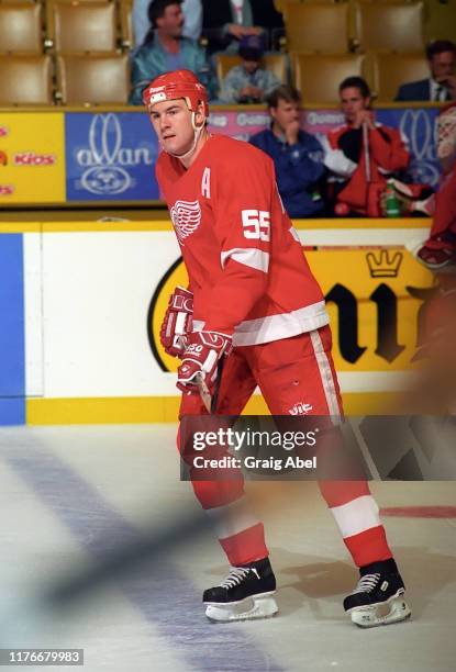 Keith Primeau of the Detroit Red Wings skates against the Toronto Maple Leafs during NHL preseason game action on October 1, 1995 at Maple Leaf...
