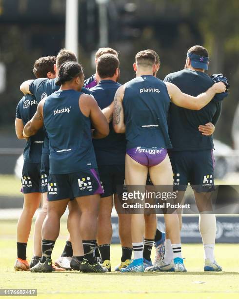 Curtis Scott is seen wearing budgie smugglers during a Melbourne Storm NRL training session at Olympic Park on September 24, 2019 in Melbourne,...