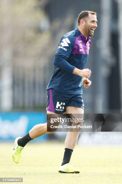 Cameron Smith in action during a Melbourne Storm NRL training session at Olympic Park on September 24, 2019 in Melbourne, Australia.