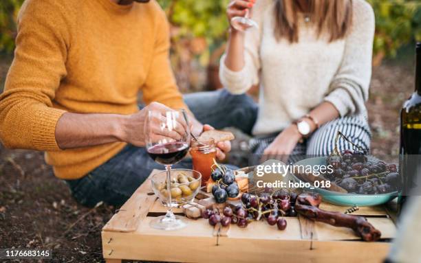 picnic en viñedo después de la vendimia - hombre cortando queso fotografías e imágenes de stock