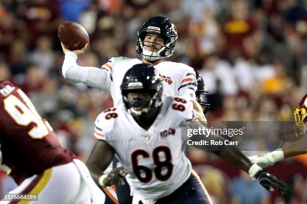 Mitchell Trubisky of the Chicago Bears throws a second quarter touchdown against the Washington Redskins in the game at FedExField on September 23,...