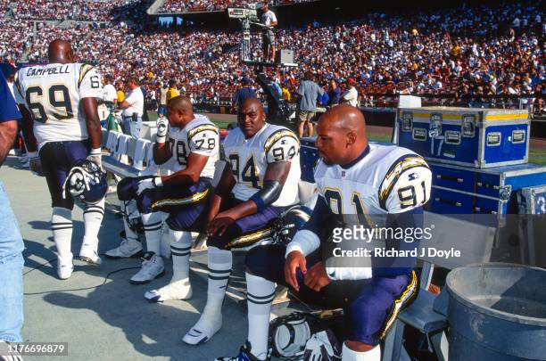 Leslie O'Neal, DE Chris Mims, DE, DT David Campbell taking a break during the game. San Francisco 49ers 17 vs San Diego Chargers 6 at Jack Murphy...