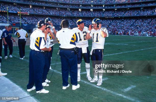 Stan Humphries, QB Jeff Brohm, head coach Bobby Ross and coaches. San Francisco 49ers 17 vs San Diego Chargers 6 at Jack Murphy Stadium in San Diego,...