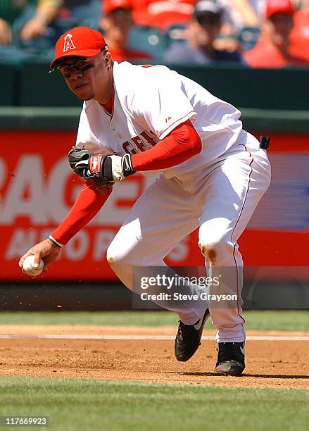 Alfredo Amezaga fields a hit barehanded to throw out Ramon Hernandez of the A's.