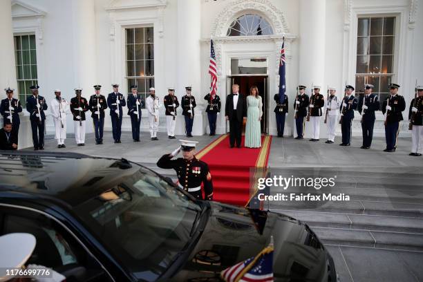 President Donald Trump and First Lady Melania Trump wait for the arrival of Australian Prime Minister Scott Morrison and his wife, Jenny Morrison,...