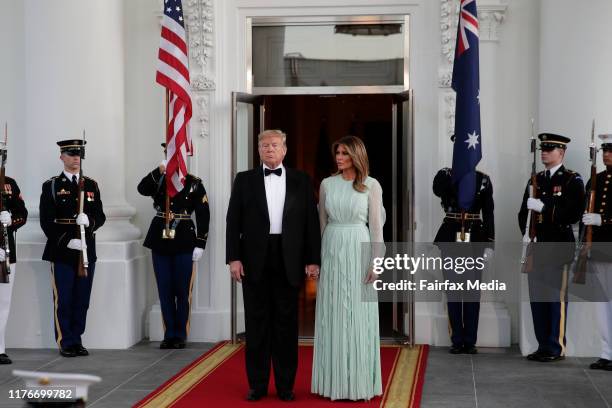 President Donald Trump and First Lady Melania Trump wait for the arrival of Australian Prime Minister Scott Morrison and his wife, Jenny Morrison,...