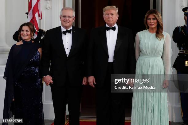 President Donald Trump and First Lady Melania Trump greet Australian Prime Minister Scott Morrison and his wife, Jenny Morrison, ahead of a state...