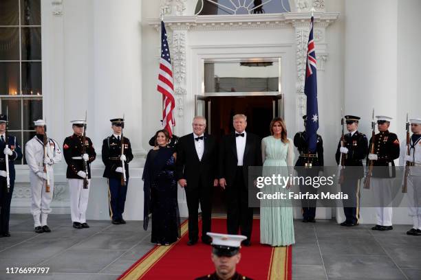 President Donald Trump and First Lady Melania Trump greet Australian Prime Minister Scott Morrison and his wife, Jenny Morrison, ahead of a state...