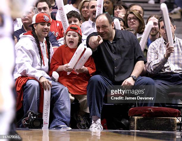 James Gandolfini with son Michael during Celebrities Attend Toronto Raptors vs. New Jersey Nets Game - May 4, 2007 at Continental Arena in East...
