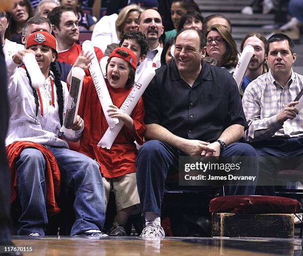 James Gandolfini with son Michael during Celebrities Attend Toronto Raptors vs. New Jersey Nets Game - May 4, 2007 at Continental Arena in East...