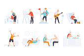 Elderly people enjoying various hobbies, senior men and women leading an active lifestyle social concept vector Illustration on a white background