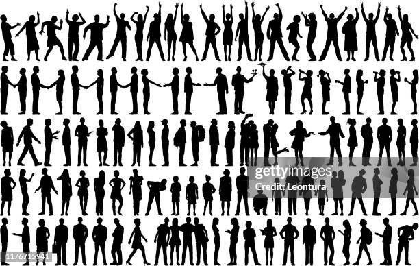 stockillustraties, clipart, cartoons en iconen met zeer gedetailleerde mensen silhouetten - group of businesspeople standing low angle view