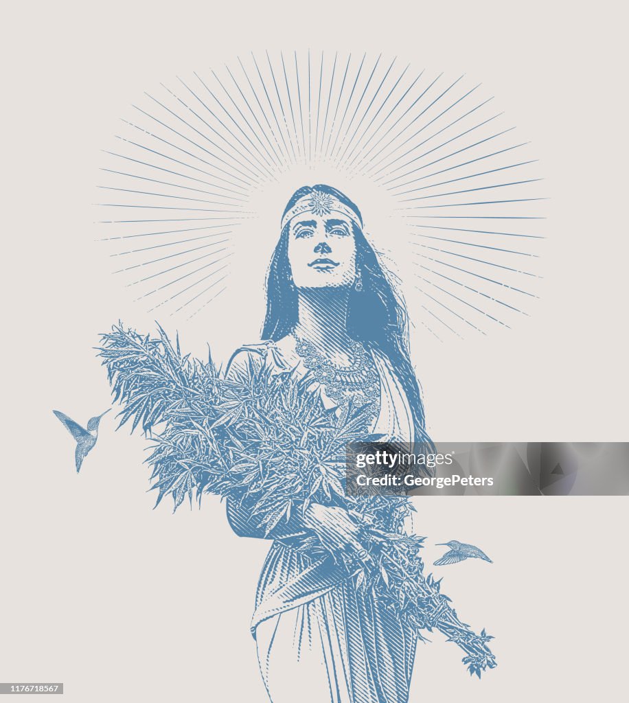 Mujer sosteniendo ramo de plantas de cannabis