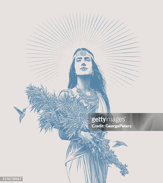 woman holding bouquet of cannabis plants - earth goddess stock illustrations