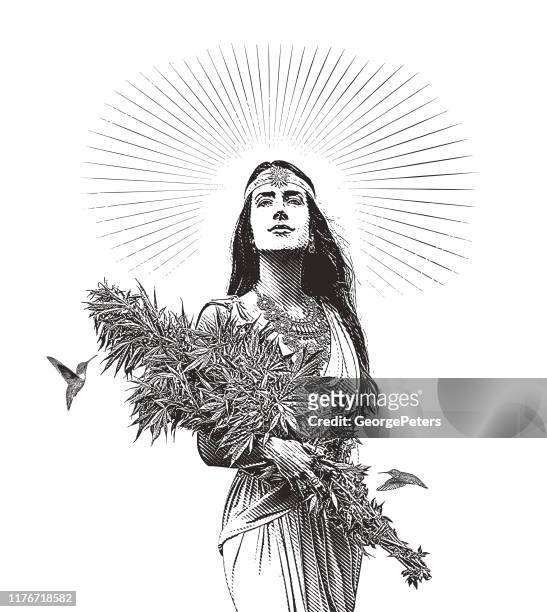 woman holding bouquet of cannabis plants - goddess stock illustrations