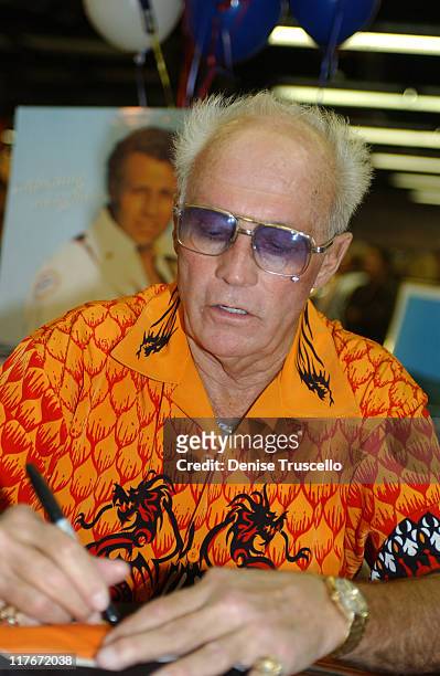 Evel Knievel signs autographs at his 64th birthday celebration on October 17, 2002 in Las Vegas.