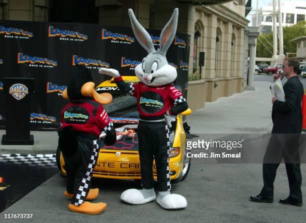 Daffy Ducks & Bugs Bunny during Jeff Gordon and Jenna Elfman Team Up to Unveil a Race Car, Pace Car and Spy Car at Warner Bros. Studios in Burbank,...