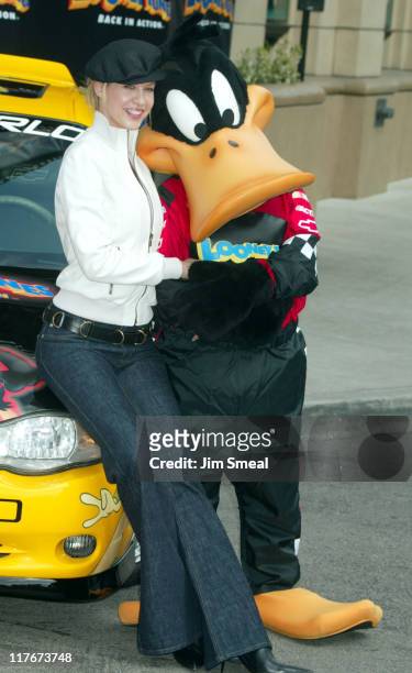 Jenna Elfman & Daffy Duck during Jeff Gordon and Jenna Elfman Team Up to Unveil a Race Car, Pace Car and Spy Car at Warner Bros. Studios in Burbank,...