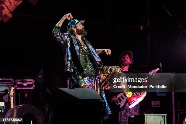 Italian singer and musician Lorenzo Cherubini known as Jovanotti performs live on stage at Linate airport for the last date of his tour Jova Beach...