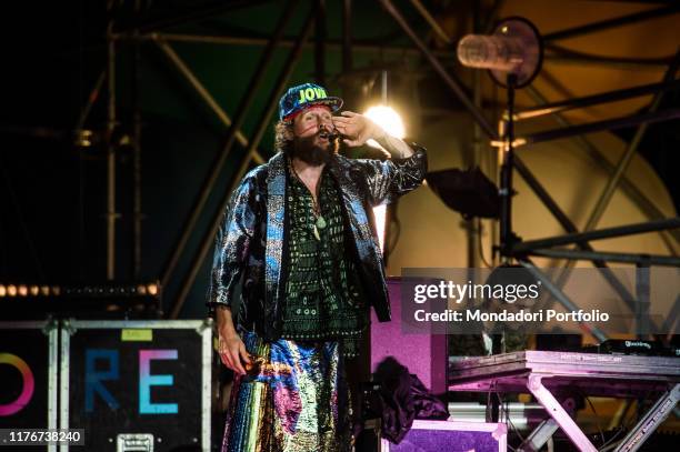 Italian singer and musician Lorenzo Cherubini known as Jovanotti performs live on stage at Linate airport for the last date of his tour Jova Beach...