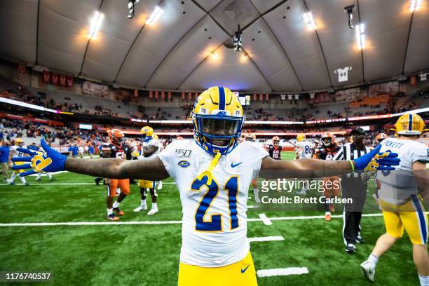Davis of the Pittsburgh Panthers celebrates after the game against the Syracuse Orange at the Carrier Dome on October 18, 2019 in Syracuse, New York....