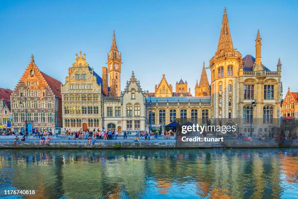 old buildings on the graslei harbour, ghent, belgium - belgium stock pictures, royalty-free photos & images