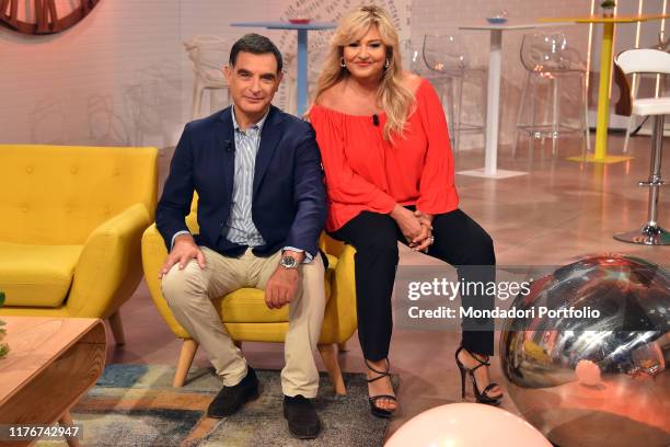 Italian conductor Tiberio Timperi and Monica Setta during tv broadcast Uno mattina in famiglia in the Rai studios via Teulada. Rome , September 21th,...