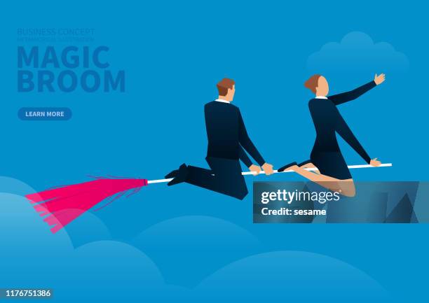 businessman and businesswoman flying on the magic broom to the sky - broom stock illustrations