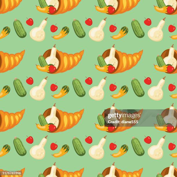 flat design autumn seamless cornucopia pattern - fall apple background stock illustrations