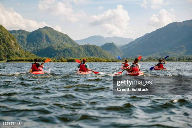 amici che imparano a andare in kayak - kayaking foto e immagini stock