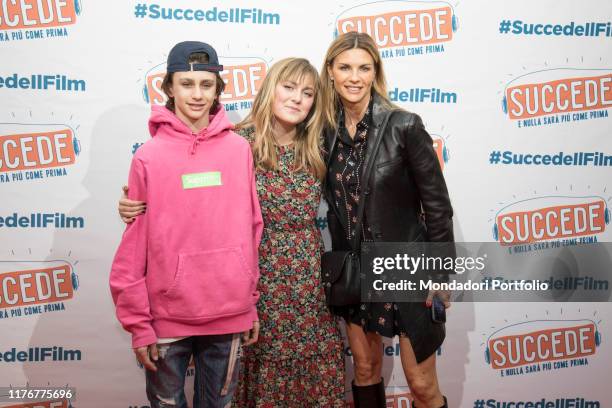 Italian tv-host and model Martina Colombari with her son Achille Costacurta and Sofia Viscardi attend the premier of movie Succede, by Sofia...