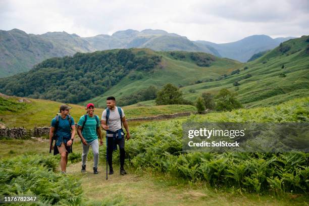 tres jóvenes disfrutando de una caminata en las montañas - english lake district fotografías e imágenes de stock