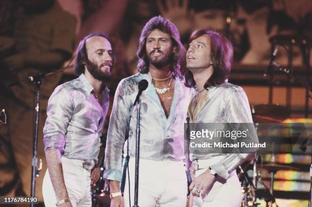 The Bee Gees performing at 'The Music for UNICEF Concert: A Gift of Song' benefit concert, held at the United Nations General Assembly in New York...